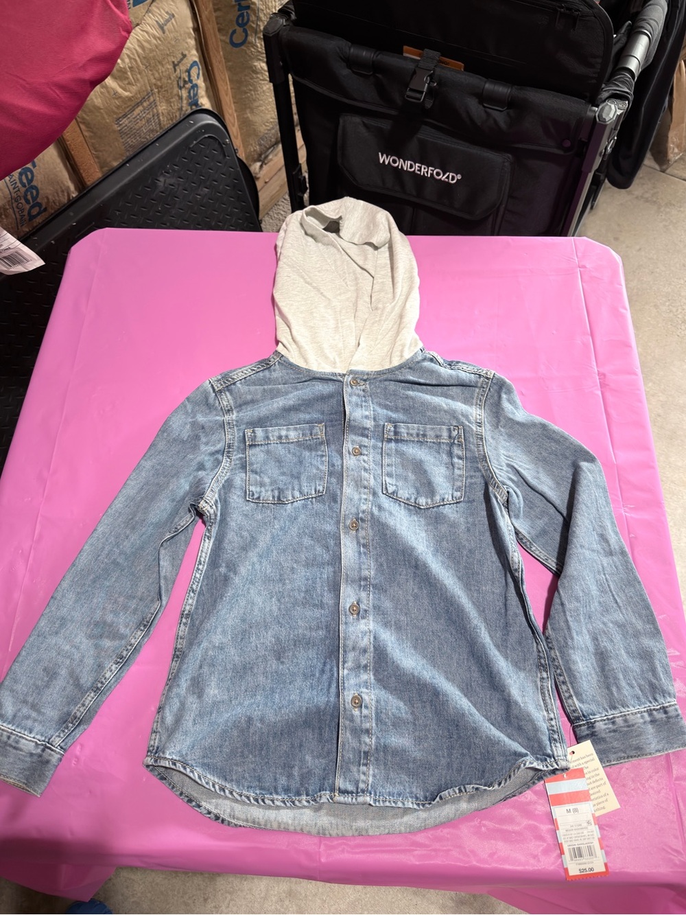 Cat & Jack Light Blue Denim Hooded Jacket with Heather Gray Hood Size Medium (8)